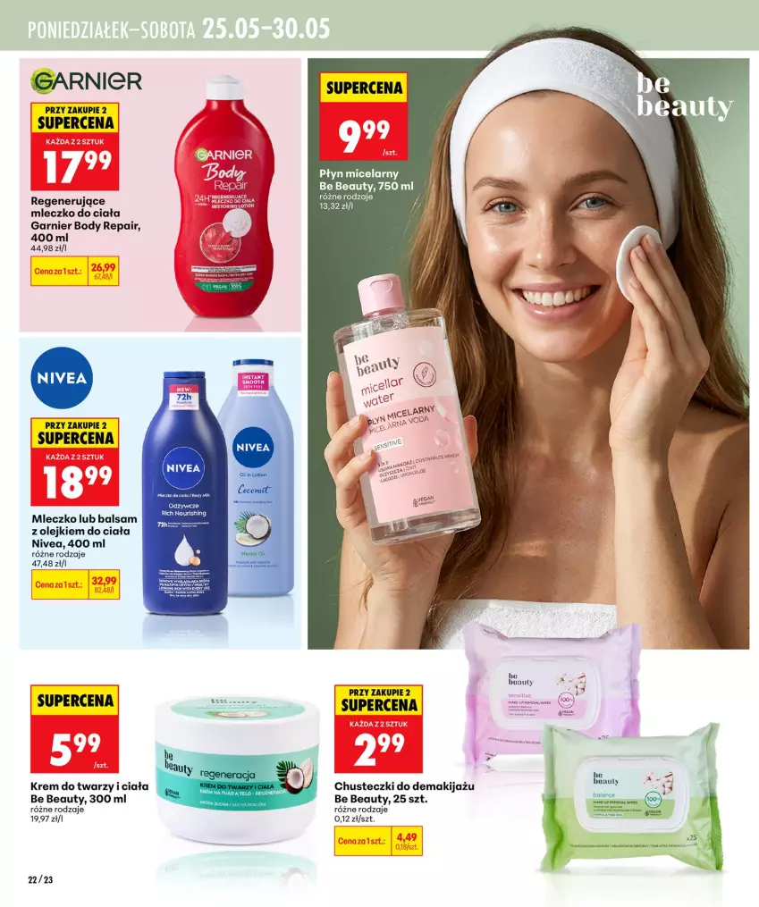 Gazetka promocyjna Biedronka - Gazetka - ważna 21.05 do 28.05.2026 - strona 22 - produkty: Be Be, Body, Chusteczki, Garnier, Krem do twarzy, Makijaż, Mleczko, Mleczko do ciała, Nivea, Olej, Płyn micelarny