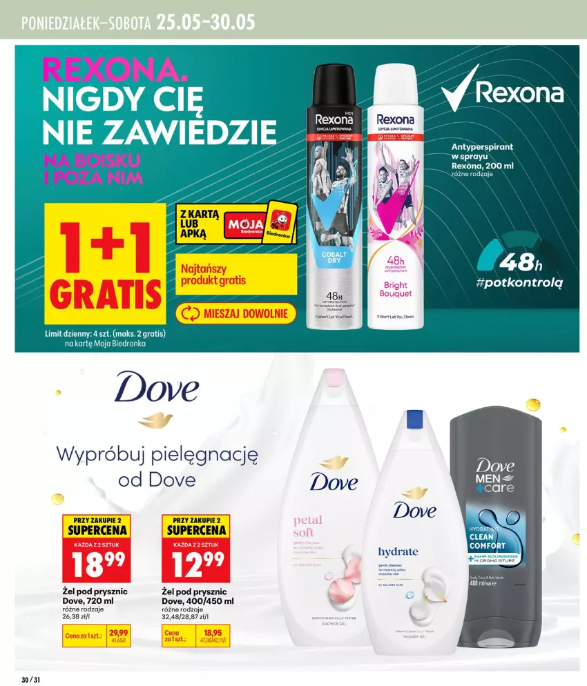 Gazetka promocyjna Biedronka - Gazetka - ważna 21.05 do 28.05.2026 - strona 30 - produkty: Antyperspirant, Body, Dove, Fa, Gra, Rexona