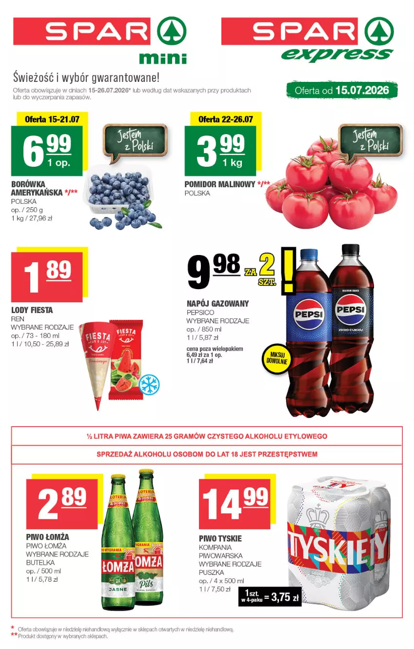 Gazetka promocyjna Spar - Spar-Mini - ważna 15.07 do 26.07.2026 - strona 1 - produkty: Borówka, Lody, Napój, Napój gazowany, Pepsi, Piwo, Pomidor malinowy, Rower, Tyskie