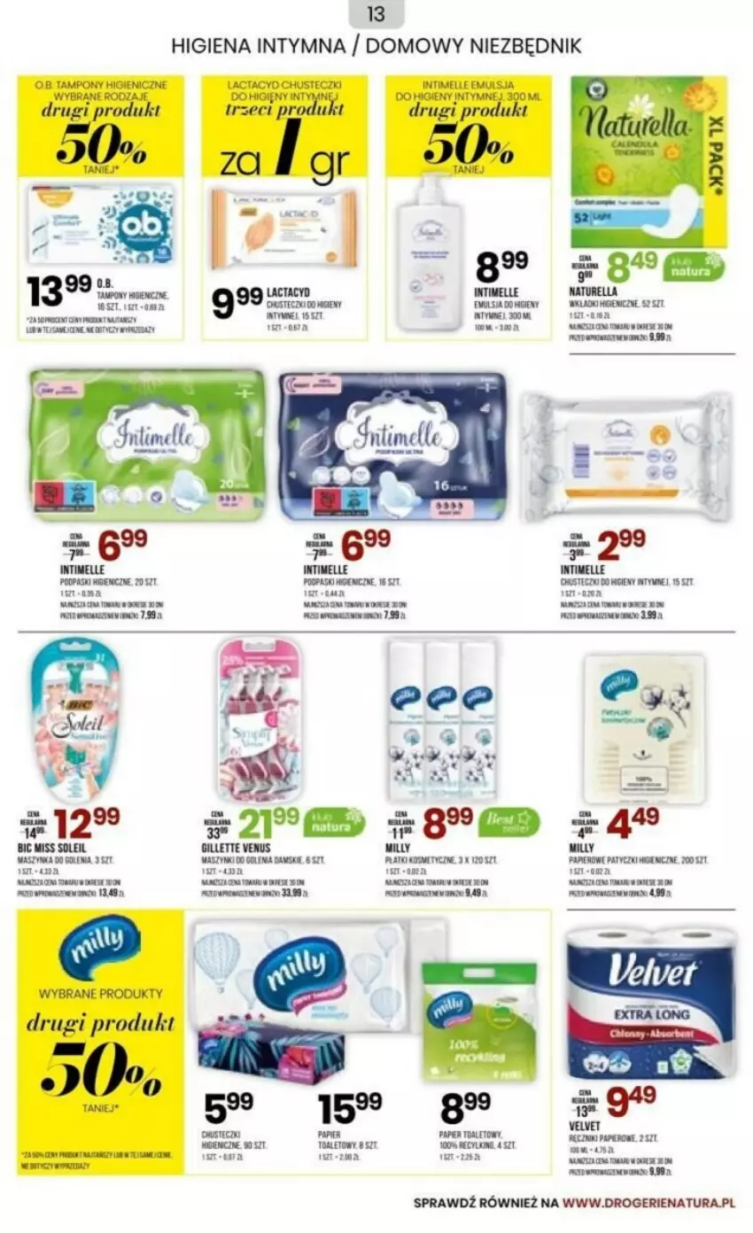 Gazetka promocyjna Drogerie Natura - ważna 03.10 do 16.10.2023 - strona 5 - produkty: Ariel, BIC, Chusteczki, Emulsja, Fa, Lactacyd, Mus, Naturell, Naturella, Papier, Papier toaletowy, Podpaski, Por, Tampony, Velvet, Venus