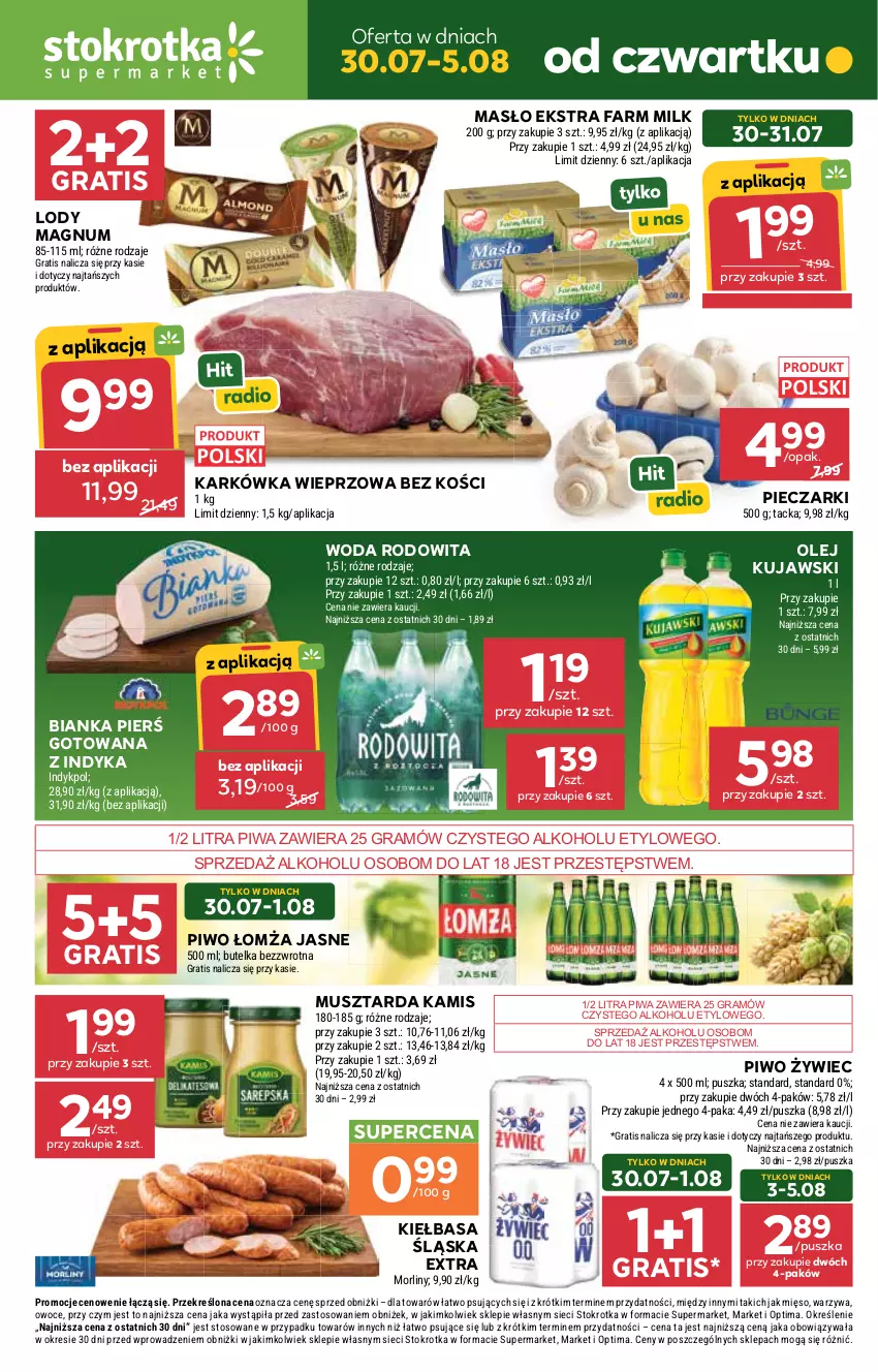 Gazetka promocyjna Stokrotka - Supermarket - ważna 30.07 do 05.08.2026 - strona 1 - produkty: Bianka, Fa, Farm Milk, Gra, Kamis, Karkówka wieprzowa, Kiełbasa, Kiełbasa śląska, Kujawski, Lody, Masło, Mięso, Morliny, Mus, Musztarda, Olej, Optima, Owoce, Piec, Piwa, Piwo, Warzywa, Woda