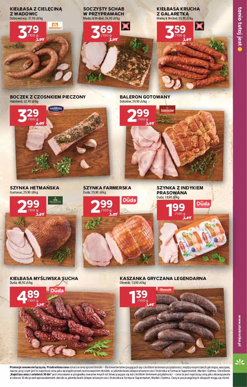 Gazetka promocyjna Stokrotka - Supermarket - ważna 30.07 do 05.08.2026 - strona 13 - produkty: Boczek, Duda, Fa, Gala, Gry, Kasza, Kaszanka, Kiełbasa, Kiełbasa krucha, Mięso, Olewnik, Optima, Owoce, Piec, Sok, Sokołów, Szynka, Szynka farmerska, Warzywa