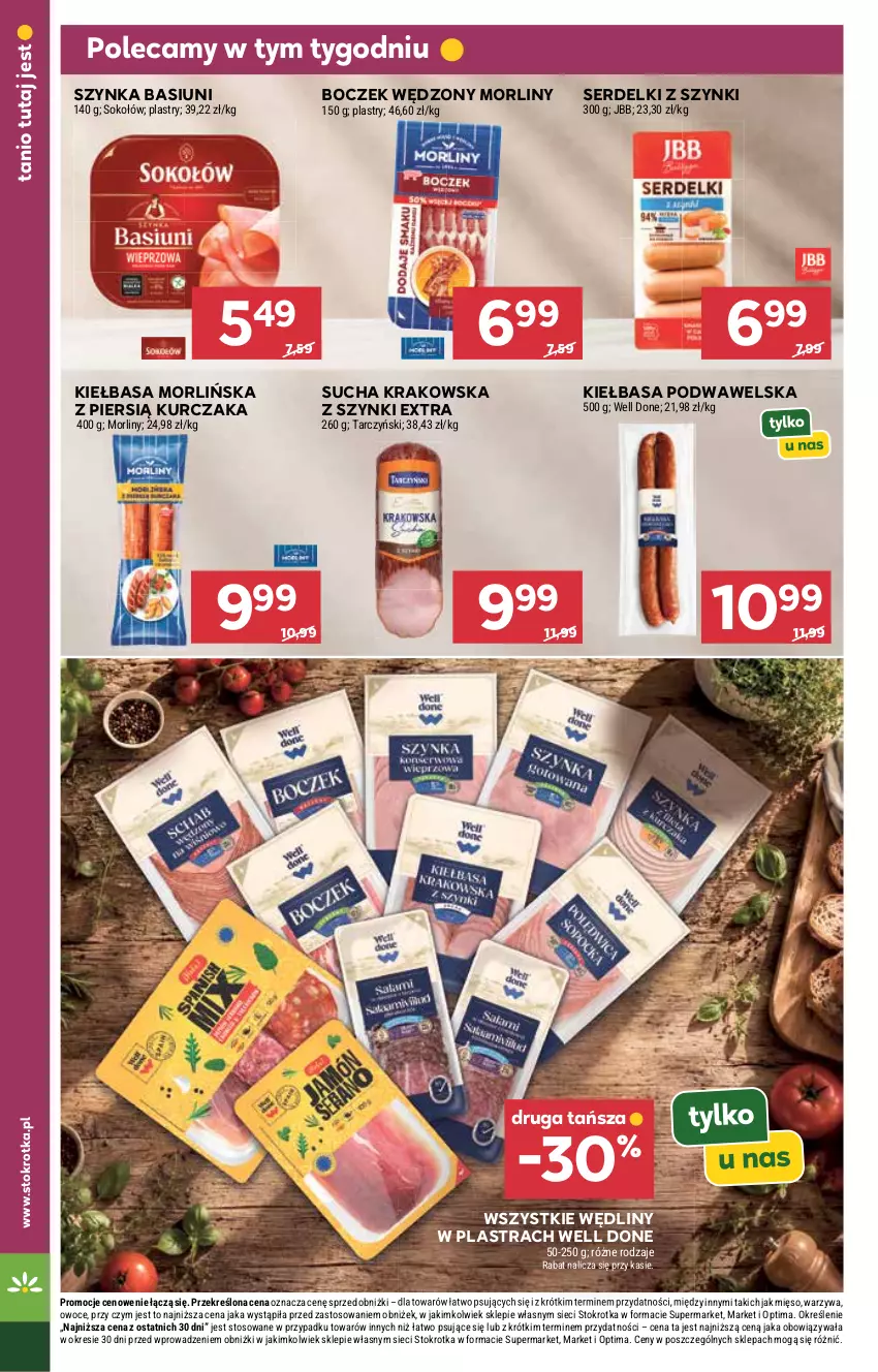Gazetka promocyjna Stokrotka - Supermarket - ważna 30.07 do 05.08.2026 - strona 14 - produkty: Boczek, Kiełbasa, Kiełbasa podwawelska, Kurczak, Mięso, Morliny, Optima, Owoce, Ser, Serdelki, Sok, Sokołów, Szynka, Tarczyński, Warzywa, Wawel