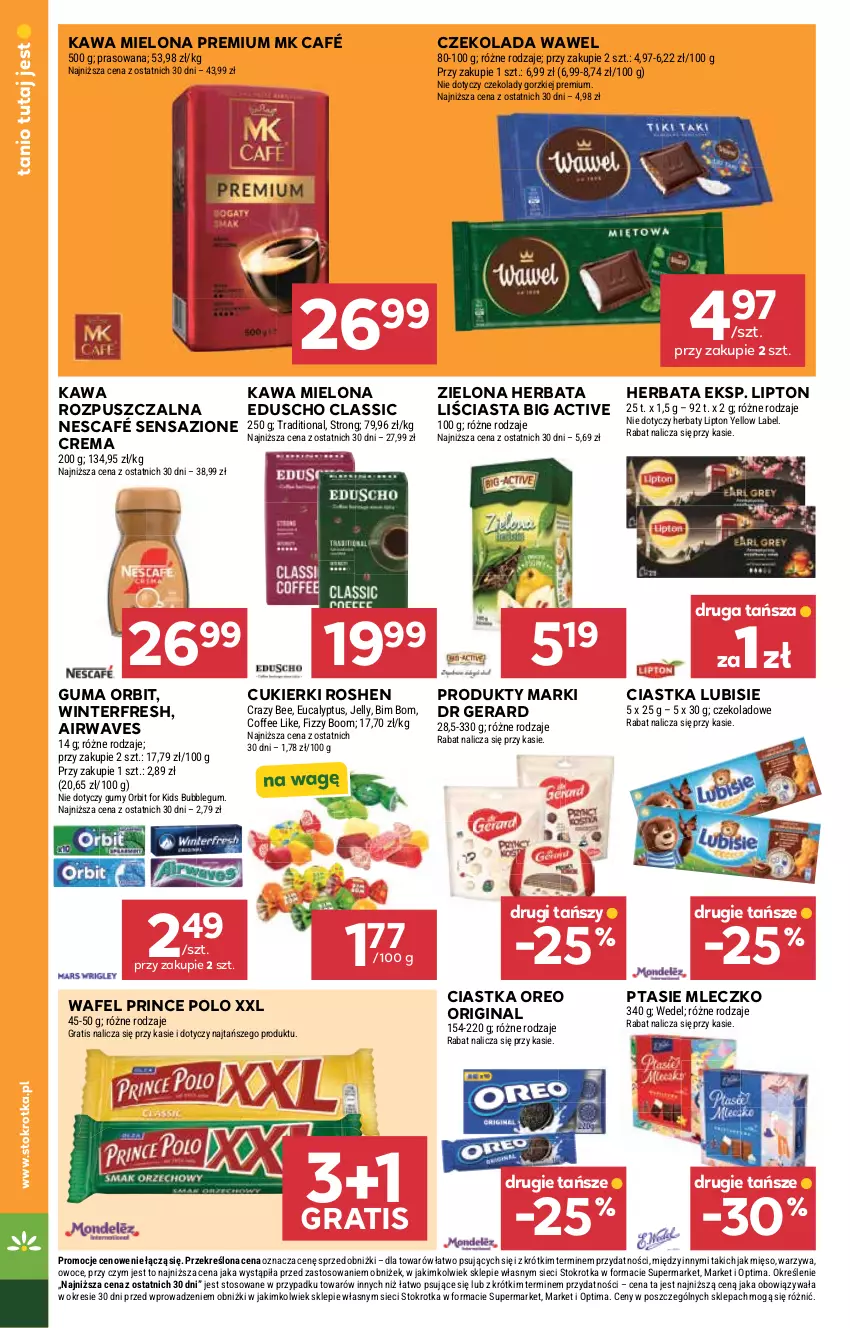 Gazetka promocyjna Stokrotka - Supermarket - ważna 30.07 do 05.08.2026 - strona 28 - produkty: Ciastka, Cukier, Cukierki, Czekolada, Dr Gerard, Gin, Gra, Herbata, Kawa, Kawa mielona, Lipton, Lubisie, Mięso, Mleczko, Nescafé, Optima, Orbit, Oreo, Owoce, Prince Polo, Ptasie mleczko, Warzywa, Wawel