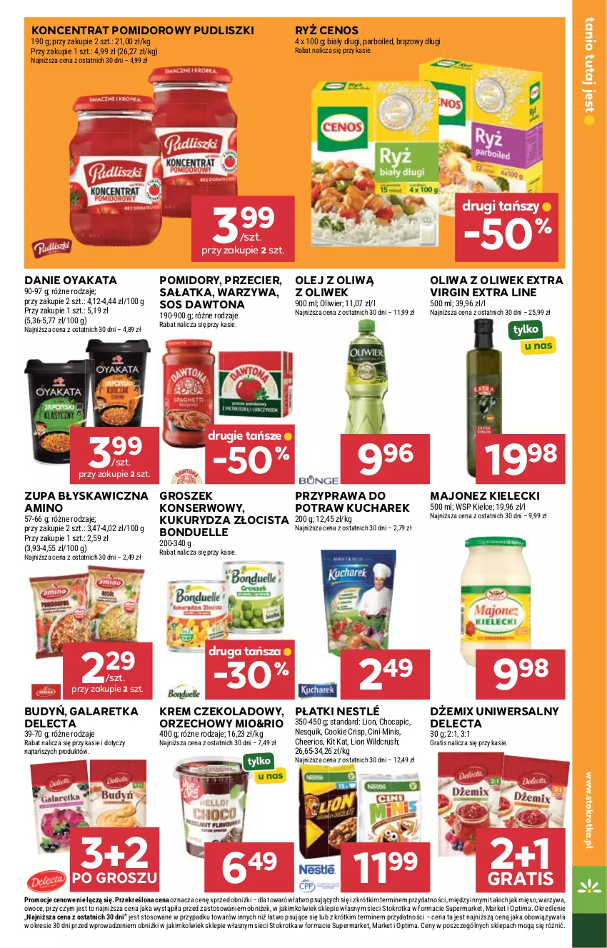 Gazetka promocyjna Stokrotka - Supermarket - ważna 30.07 do 05.08.2026 - strona 29 - produkty: Bonduelle, Budyń, Cenos, Cheerios, Dawtona, Delecta, Dżem, Gala, Galaretka, Gin, Gra, Groszek, Kit Kat, Koncentrat pomidorowy, Kucharek, Kukurydza, Lion, Majonez, Mięso, Nesquik, Nestlé, Olej, Oliwa, Oliwa z oliwek, Optima, Owoce, Pomidory, Pudliszki, Ryż, Sałat, Sałatka, Ser, Sos, Warzywa, Zupa