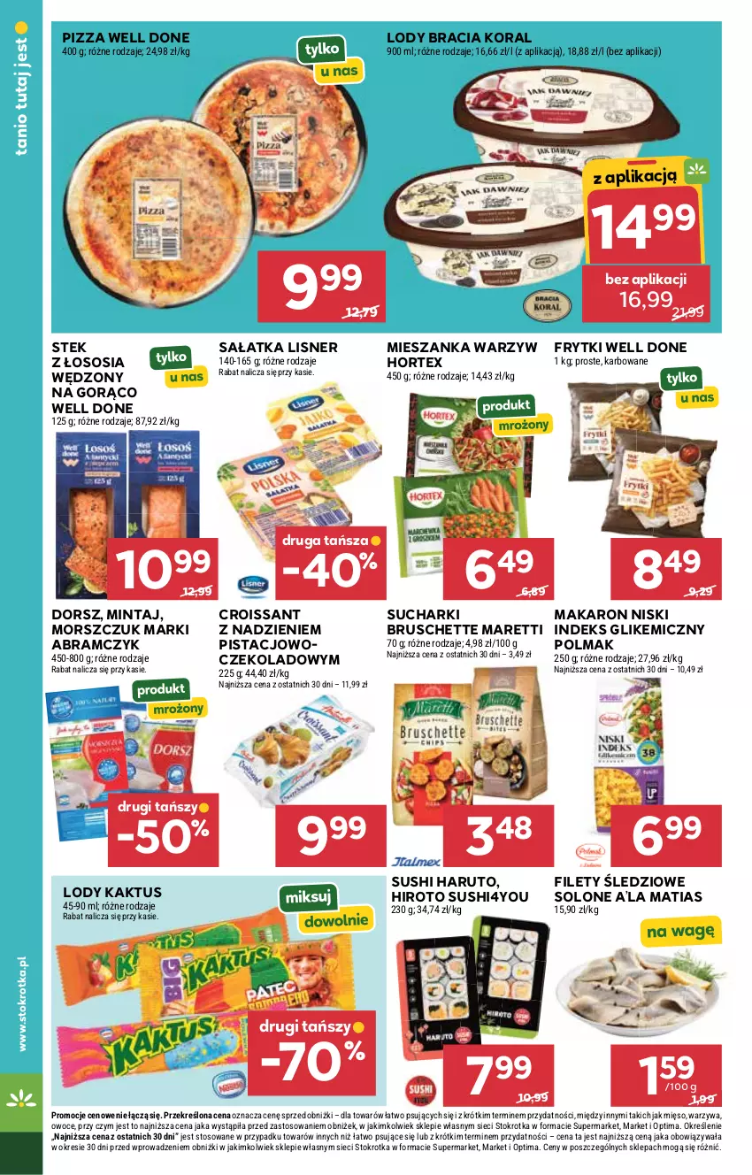 Gazetka promocyjna Stokrotka - Supermarket - ważna 30.07 do 05.08.2026 - strona 30 - produkty: Bruschette, Croissant, Dorsz, Frytki, Hortex, Kaktus, Lisner, Lody, Makaron, Mięso, Mieszanka warzyw, Mintaj, Olma, Optima, Owoce, Pizza, Sałat, Sałatka, Sos, Stek, Sushi, Warzywa
