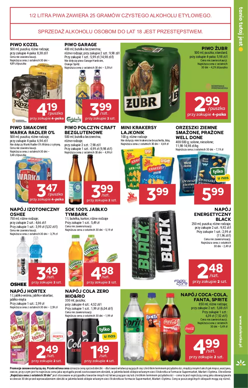 Gazetka promocyjna Stokrotka - Supermarket - ważna 30.07 do 05.08.2026 - strona 31 - produkty: Coca-Cola, Fa, Fanta, Gra, Hortex, Kozel, Krakersy, Lack, Lajkonik, Mięso, Mięta, Napój, Napój energetyczny, Napój izotoniczny, Optima, Orzeszki, Orzeszki ziemne, Oshee, Owoce, Piwa, Piwo, Radler, Sok, Sprite, Tymbark, Warka, Warzywa