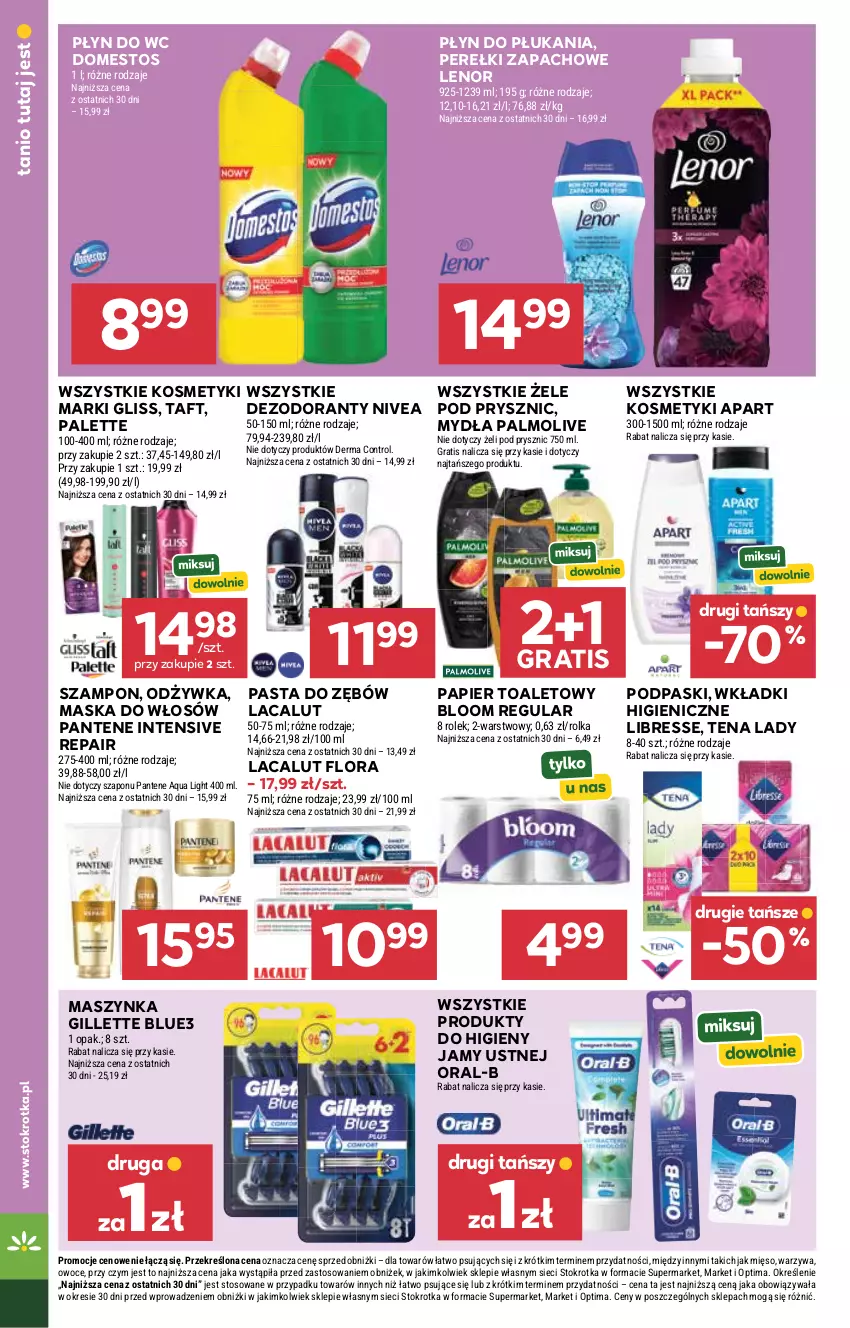 Gazetka promocyjna Stokrotka - Supermarket - ważna 30.07 do 05.08.2026 - strona 36 - produkty: Control, Dezodorant, Domestos, Flora, Gillette, Gra, Lacalut, Lenor, Maska, Maska do włosów, Maszynka, Mięso, Nivea, Odżywka, Optima, Owoce, Palette, Palmolive, Pantene, Papier, Papier toaletowy, Pasta do zębów, Perełki zapachowe, Płyn do płukania, Płyn do wc, Podpaski, Szampon, Szynka, Taft, Warzywa, Wkładki