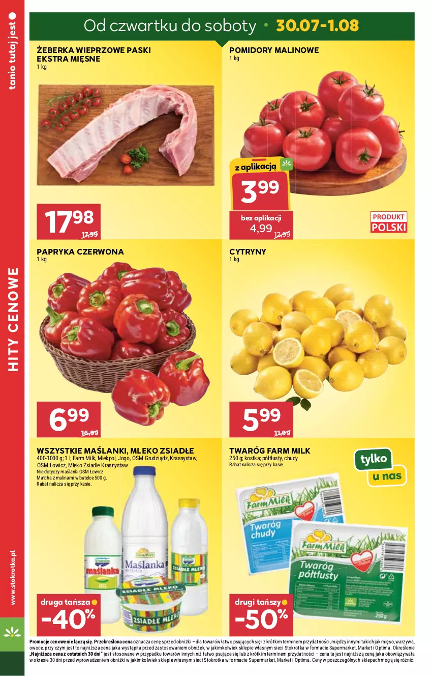 Gazetka promocyjna Stokrotka - Supermarket - ważna 30.07 do 05.08.2026 - strona 4 - produkty: Cytryny, Fa, Farm Milk, Lanki, Mięso, Mleko, Mleko zsiadłe, Optima, Owoce, Papryka, Papryka czerwona, Pomidory, Twaróg, Warzywa