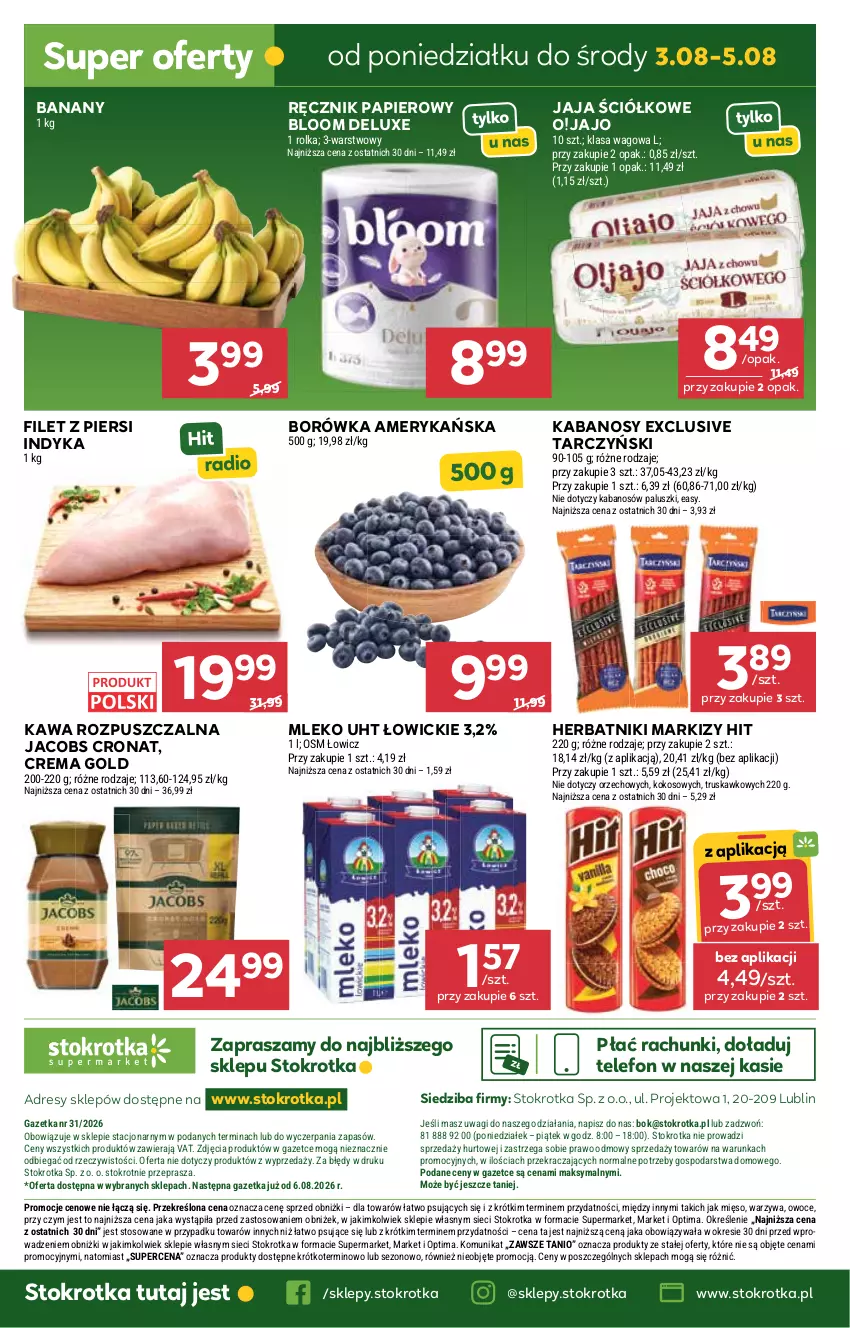 Gazetka promocyjna Stokrotka - Supermarket - ważna 30.07 do 05.08.2026 - strona 42 - produkty: Banany, Borówka, Borówka amerykańska, Dres, Filet z piersi indyka, Herbatniki, Jacobs, Jaja, JBL, Kabanos, Kawa, Kawa rozpuszczalna, Kokos, Mięso, Mleko, O nas, Optima, Owoce, Papier, Ręcznik, Tarczyński, Telefon, Wagi, Warzywa