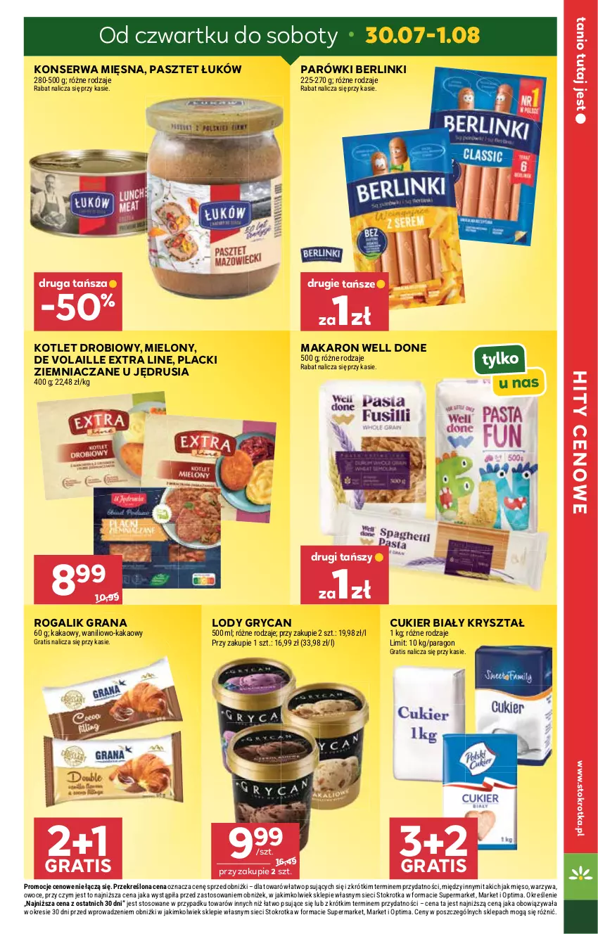Gazetka promocyjna Stokrotka - Supermarket - ważna 30.07 do 05.08.2026 - strona 5 - produkty: Berlinki, Cukier, Gra, Gry, Kakao, Kotlet, Lack, Lody, Makaron, Mięso, Optima, Owoce, Parówki, Pasztet, Rogal, Ser, Warzywa