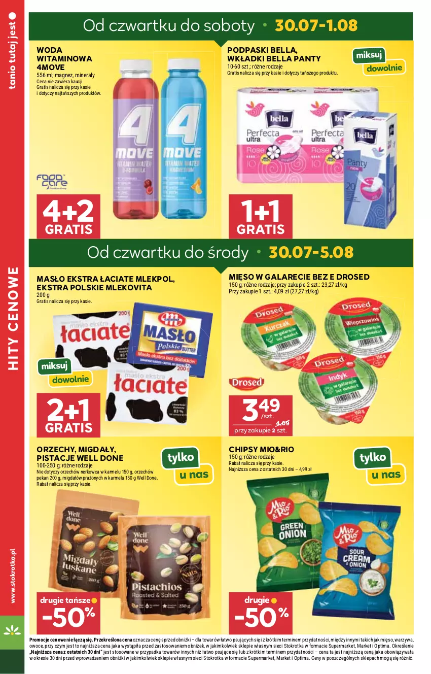 Gazetka promocyjna Stokrotka - Supermarket - ważna 30.07 do 05.08.2026 - strona 6 - produkty: Bell, Bella, Chipsy, Gala, Gra, Magnez, Masło, Mięso, Mięso w galarecie, Migdały, Mleko, Mlekovita, Optima, Owoce, Pistacje, Podpaski, Warzywa, Wkładki, Woda