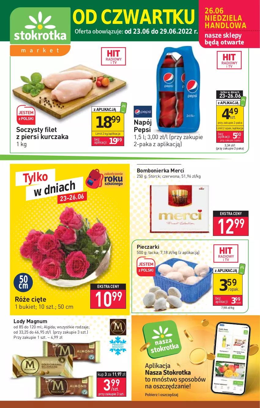 Gazetka promocyjna Stokrotka - Market - ważna 23.06 do 29.06.2022 - strona 1 - produkty: Algida, Bukiet, Filet z piersi kurczaka, Kurczak, LG, Lody, Merci, Napój, Pepsi, Piec