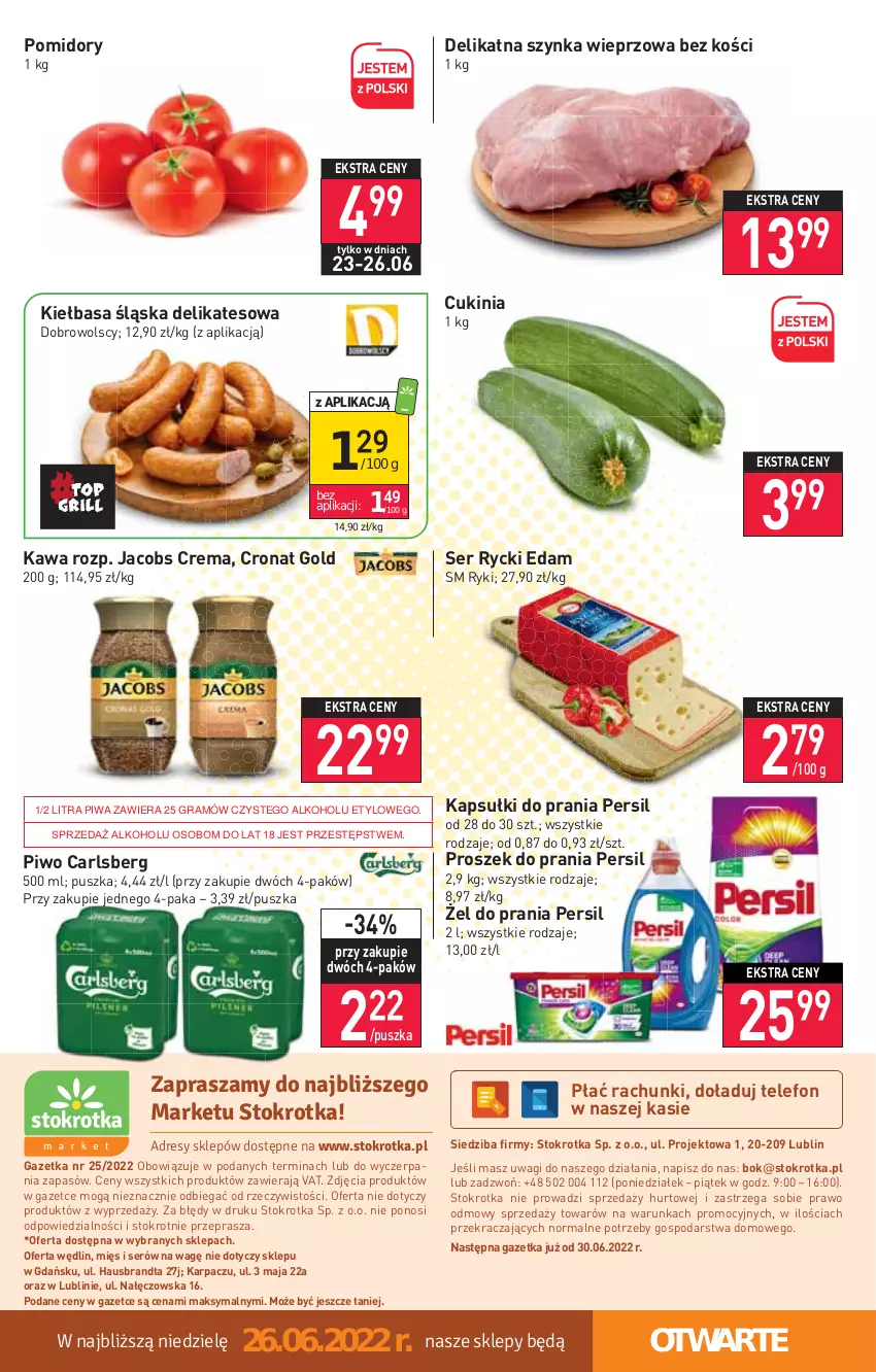 Gazetka promocyjna Stokrotka - Market - ważna 23.06 do 29.06.2022 - strona 12 - produkty: Carlsberg, Edam, Gra, Jacobs, Kapsułki do prania, Karp, Kawa, Kiełbasa, Kiełbasa śląska, O nas, Persil, Piwa, Piwo, Pomidory, Proszek do prania, Rycki Edam, Ser, Szynka, Szynka wieprzowa, Telefon, Wagi