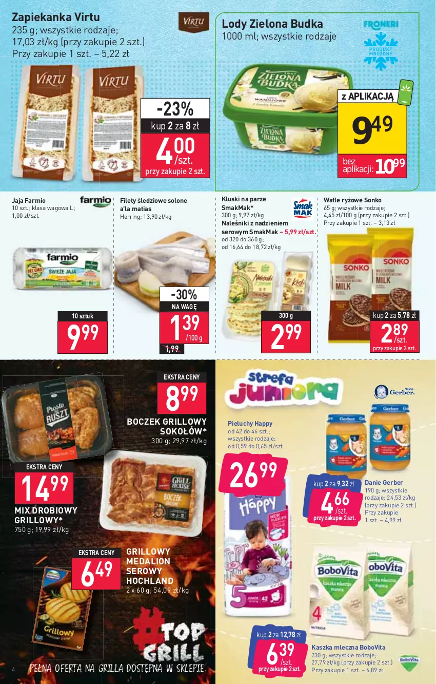 Gazetka promocyjna Stokrotka - Market - ważna 23.06 do 29.06.2022 - strona 4 - produkty: BoboVita, Boczek, Fa, Gerber, Grill, Hochland, Jaja, Kluski na parze, Lion, Lody, Naleśniki, Pieluchy, Ryż, Ser, Sok, Sokołów, Sonko, Virtu, Wafle, Zapiekanka, Zielona Budka