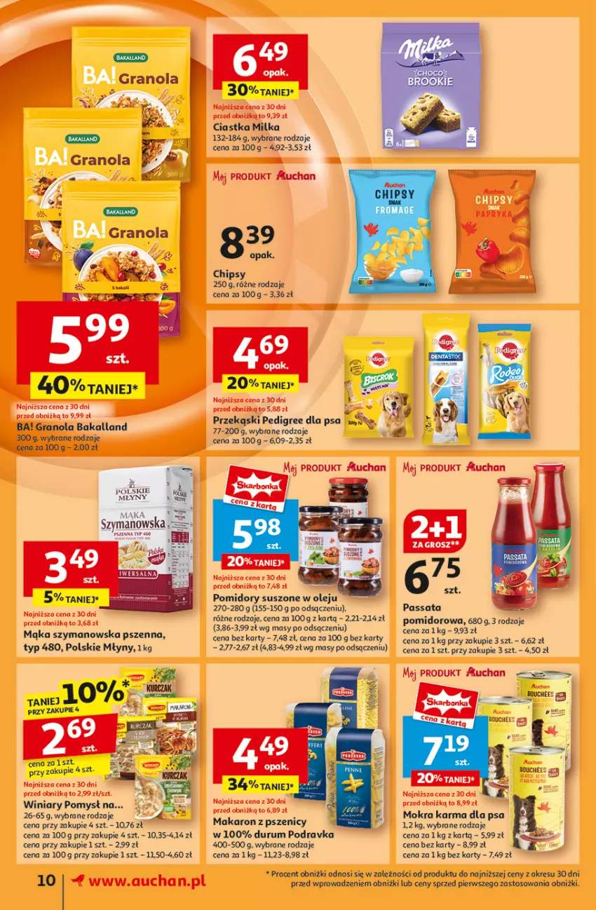 Gazetka promocyjna Auchan - Pewność Niskich Cen Supermarket - ważna 03.10 do 09.10.2024 - strona 12 - produkty: Chipsy, Ciastka, Gra, Granola, Mąka, Makaron, Milka, Mokra karma, Olej, Pedigree, Podravka, Polskie Młyny, Pomidory, Rum, Winiary