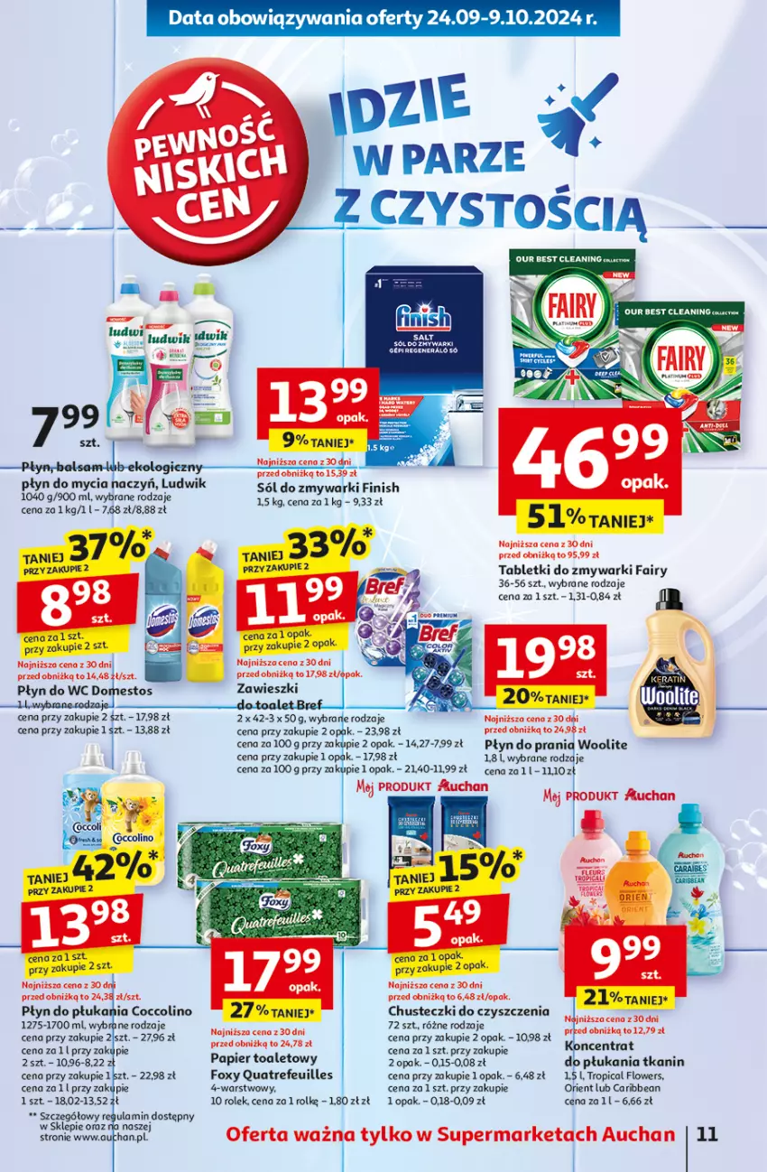 Gazetka promocyjna Auchan - Pewność Niskich Cen Supermarket - ważna 03.10 do 09.10.2024 - strona 13 - produkty: Chusteczki, Chusteczki do czyszczenia, Coccolino, Do mycia naczyń, Fa, Fairy, Finish, Foxy, Ludwik, Papier, Papier toaletowy, Płyn do mycia, Płyn do mycia naczyń, Płyn do płukania, Płyn do prania, Płyn do wc, Sól, Tablet, Tabletki do zmywarki, Top, Tropical, Woolite, Zmywarki