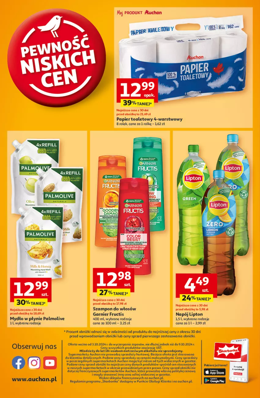 Gazetka promocyjna Auchan - Pewność Niskich Cen Supermarket - ważna 03.10 do 09.10.2024 - strona 14 - produkty: Fructis, Garnier, Gra, Lipton, Mydło, Mydło w płynie, Napój, Palmolive, Papier, Papier toaletowy, Tera