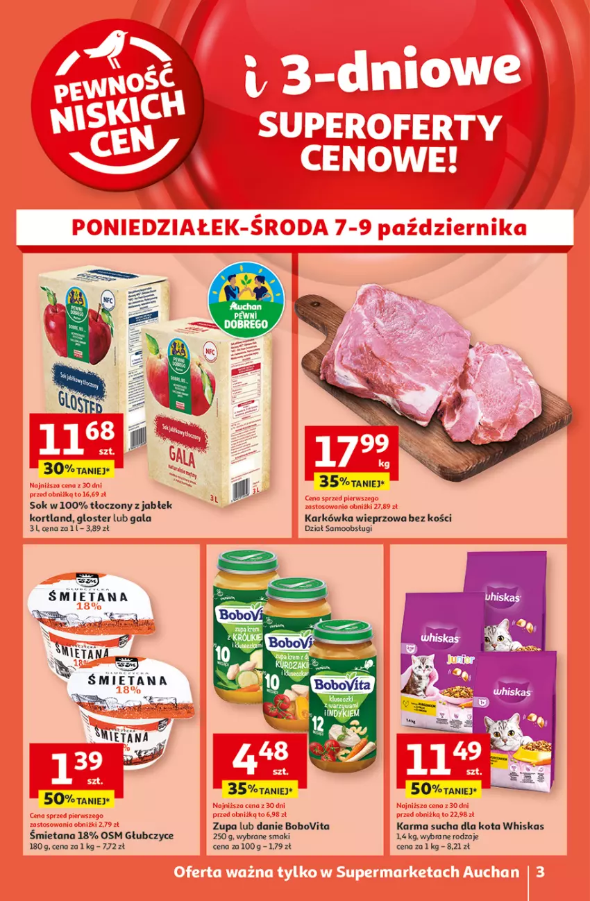 Gazetka promocyjna Auchan - Pewność Niskich Cen Supermarket - ważna 03.10 do 09.10.2024 - strona 3 - produkty: BoboVita, Gala, Karkówka wieprzowa, Sok, Whiskas, Zupa