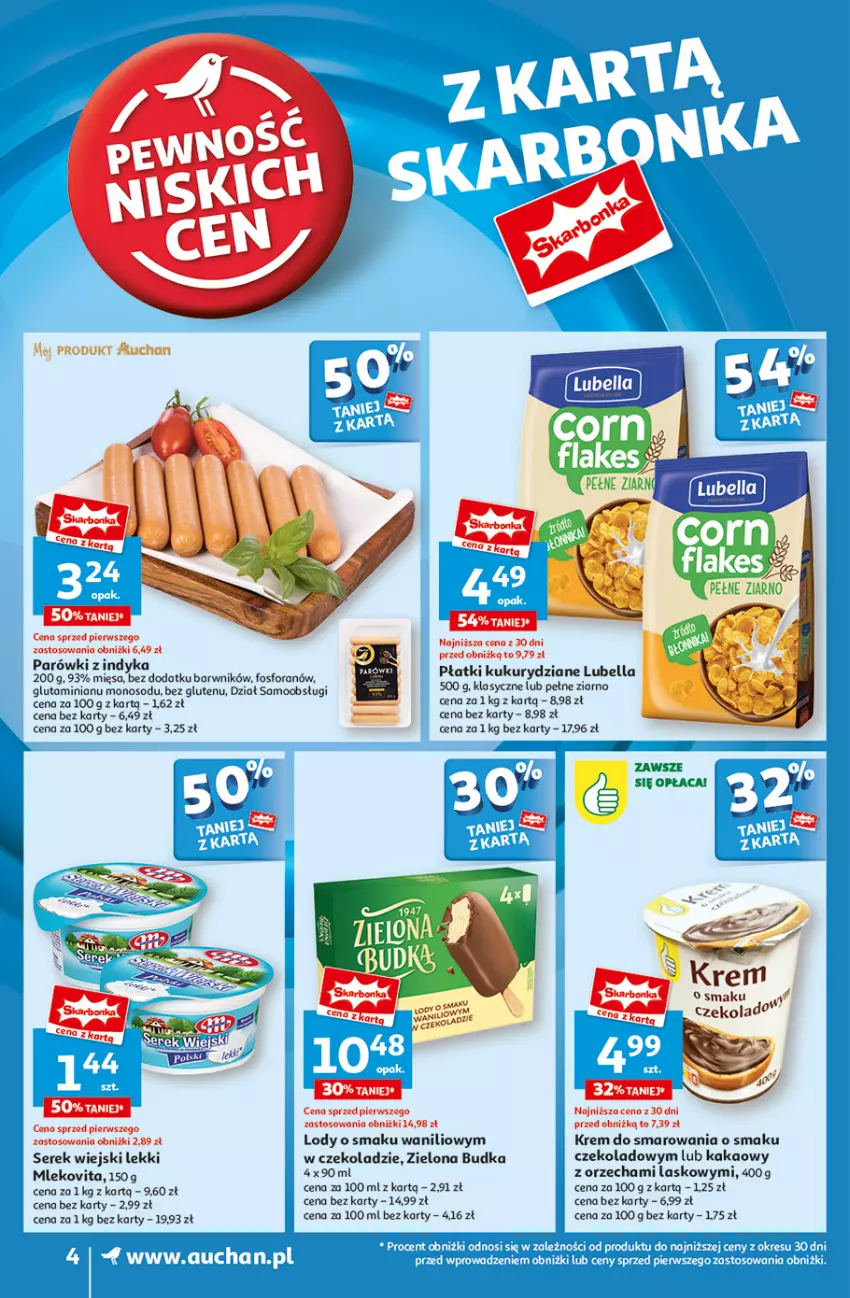 Gazetka promocyjna Auchan - Pewność Niskich Cen Supermarket - ważna 03.10 do 09.10.2024 - strona 4 - produkty: Bell, Bella, Kakao, Lody, Lubella, Mleko, Parówki, Parówki z indyka, Ser, Serek, Serek wiejski, Zielona Budka