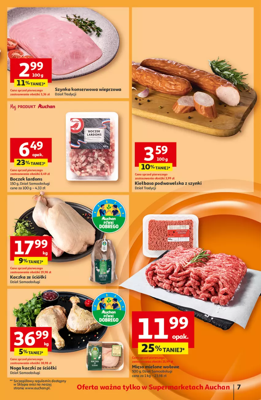 Gazetka promocyjna Auchan - Pewność Niskich Cen Supermarket - ważna 03.10 do 09.10.2024 - strona 9 - produkty: Boczek, Kaczka, Kiełbasa, Kiełbasa podwawelska, Mięso, Mięso mielone, Ser, Szynka, Szynka konserwowa, Wawel