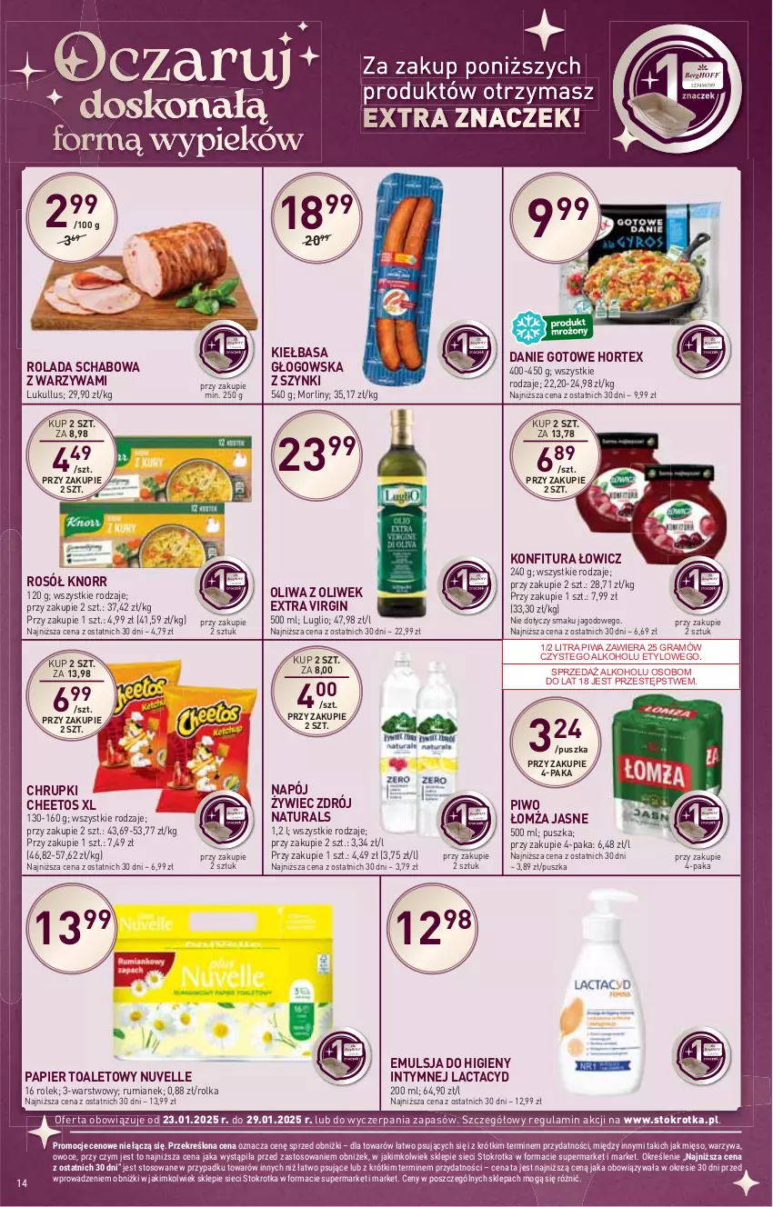 Gazetka promocyjna Stokrotka - Market - ważna 23.01 do 29.01.2025 - strona 14 - produkty: Cheetos, Chrupki, Danie gotowe, Emulsja, Gin, Gra, Hortex, HP, Kiełbasa, Kiełbasa głogowska, Knorr, Konfitura, Lactacyd, Morliny, Napój, Oliwa, Oliwa z oliwek, Papier, Papier toaletowy, Piwa, Piwo, Rolada, Rosół, Rum, Warzywa