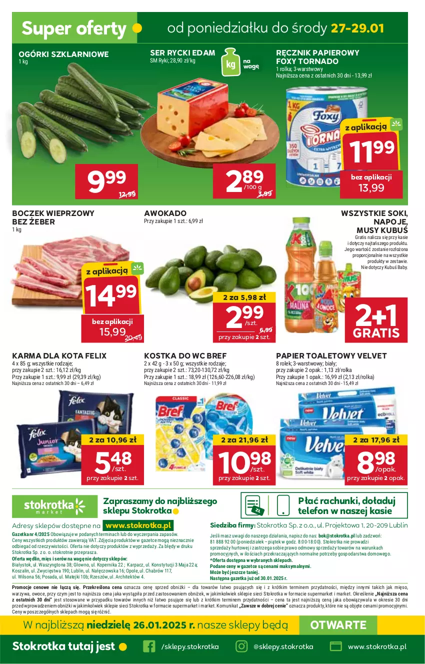 Gazetka promocyjna Stokrotka - Market - ważna 23.01 do 29.01.2025 - strona 18 - produkty: Boczek, Boczek wieprzowy, Bref, Dres, Edam, Felix, Foxy, Gra, HP, JBL, Kostka do wc, Kubuś, Mus, Napoje, Papier, Papier toaletowy, Ręcznik, Rycki Edam, Ser, Sok, Telefon, Velvet