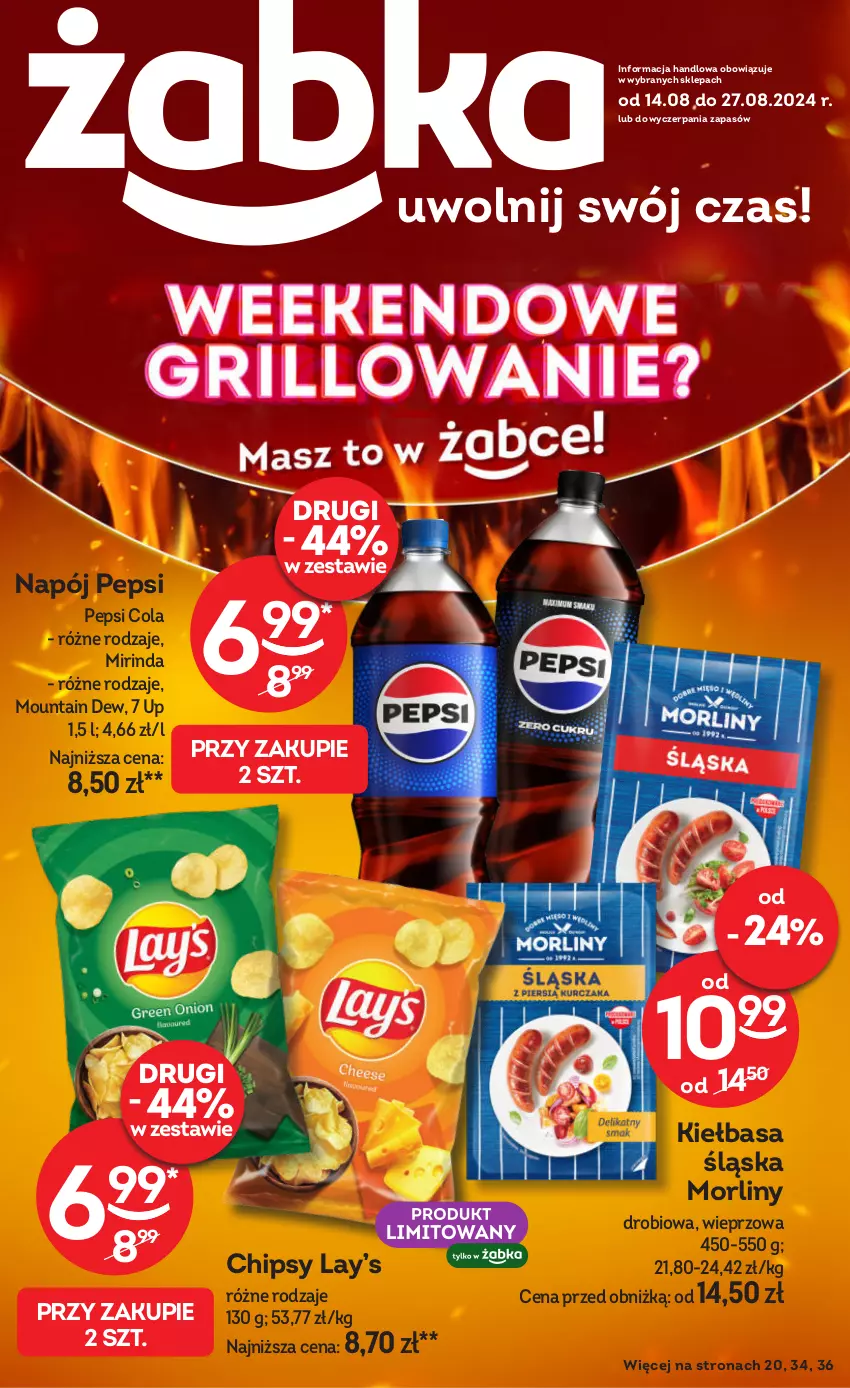 Gazetka promocyjna Żabka - ważna 14.08 do 27.08.2024 - strona 1 - produkty: Chipsy, Mirinda, Morliny, Napój, Pepsi