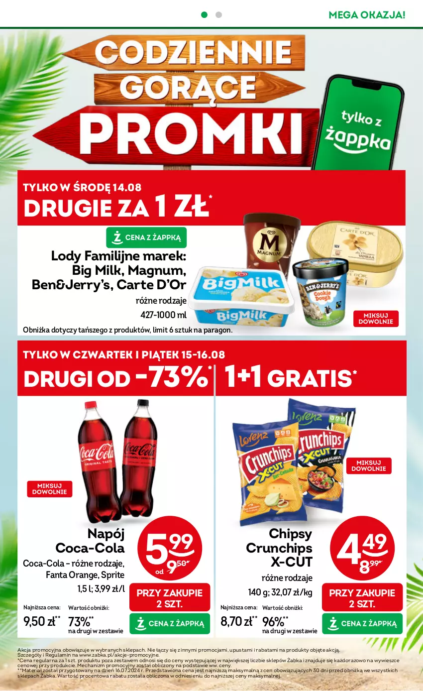 Gazetka promocyjna Żabka - ważna 14.08 do 27.08.2024 - strona 2 - produkty: Big Milk, Chipsy, Coca-Cola, Crunchips, Fa, Fanta, Gra, Lody, Napój, Sprite