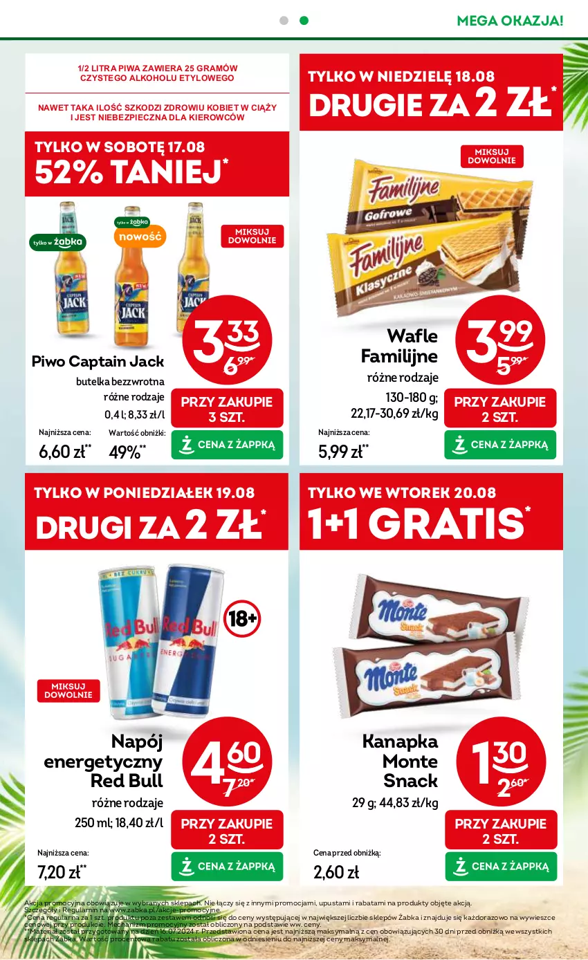 Gazetka promocyjna Żabka - ważna 14.08 do 27.08.2024 - strona 3 - produkty: Captain Jack, Fa, Gra, Monte, Napój, Napój energetyczny, Piec, Piwa, Piwo, Red Bull, Wafle