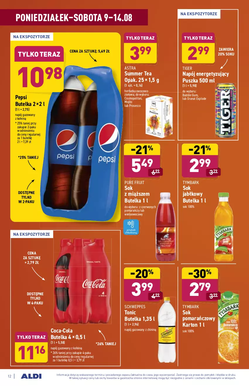 Gazetka promocyjna Aldi - ważna 09.08 do 14.08.2021 - strona 12 - produkty: Coca-Cola, Gra, Granat, Mop, Napój, Napój gazowany, Pepsi, Prosecco, Pur, Schweppes, Sok, Sok jabłkowy, Sok pomarańczowy, Tera, Tiger, Tymbark