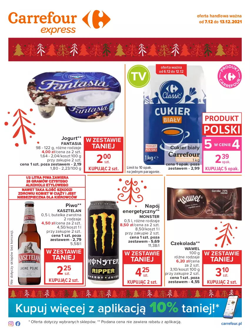 Gazetka promocyjna Carrefour - Gazetka Express - ważna 07.12 do 13.12.2021 - strona 1 - produkty: Cukier, Czekolada, Fa, Fanta, Gra, Jogurt, Kasztelan, Kosz, Napój, Napój energetyczny, Piec, Piwa, Piwo, Wawel