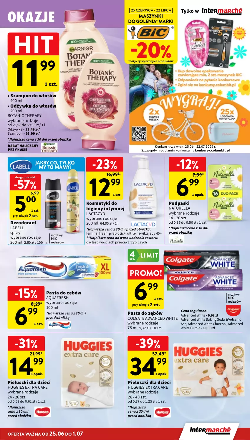 Gazetka promocyjna Intermarche - Gazetka promocyjna - ważna 25.06 do 01.07.2026 - strona 39 - produkty: Aquafresh, Bell, BIC, Colgate, Dezodorant, Dzieci, Huggies, Lactacyd, LG, Naturell, Naturella, Odżywka, Pasta do zębów, Podpaski, Pur, Szampon