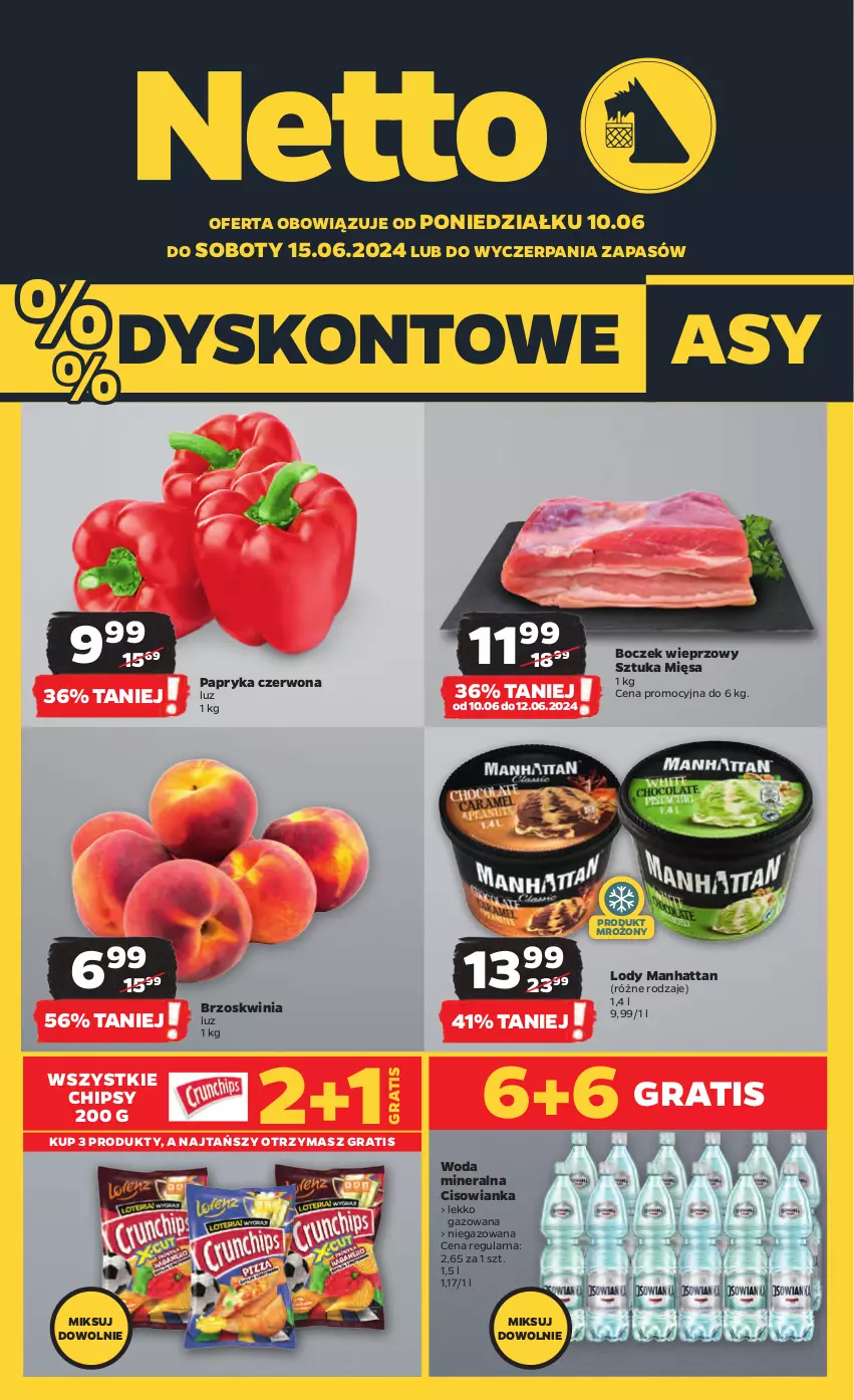 Gazetka promocyjna Netto - Od Poniedziałku - ważna 10.06 do 15.06.2024 - strona 1 - produkty: Boczek, Boczek wieprzowy, Chipsy, Cisowianka, Gra, Lody, Papryka, Papryka czerwona, Woda, Woda mineralna