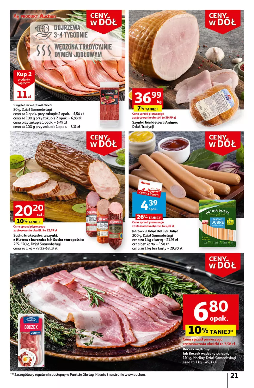 Gazetka promocyjna Auchan - Gazetka Ceny w dół Część 4 Hipermarket Auchan - ważna 25.01 do 31.01.2024 - strona 21 - produkty: Boczek, Kurczak, Morliny, Parówki, Szynka