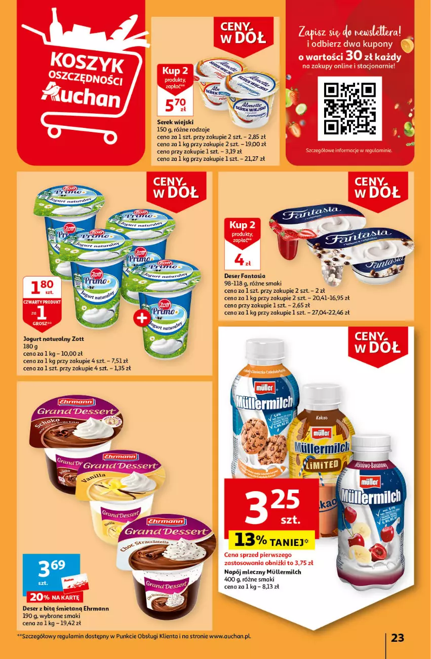 Gazetka promocyjna Auchan - Gazetka Ceny w dół Część 4 Hipermarket Auchan - ważna 25.01 do 31.01.2024 - strona 23 - produkty: Deser, Fa, Fanta, Jogurt, Jogurt naturalny, Napój, Napój mleczny, Ser, Serek, Serek wiejski, Zott