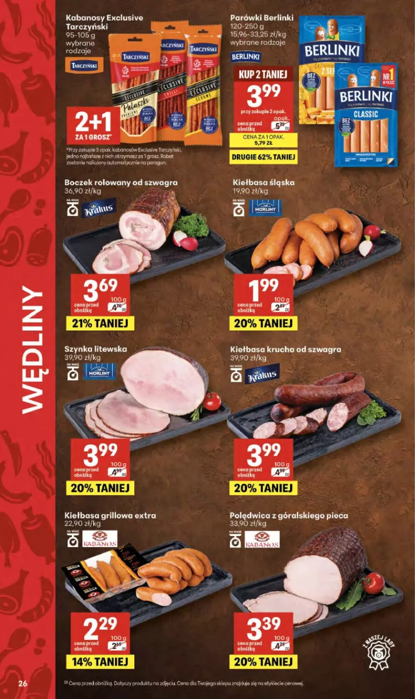 Gazetka promocyjna Delikatesy Centrum - Franczyza DC19 Czwartek - ważna 07.05 do 13.05.2026 - strona 26 - produkty: Berlinki, Boczek, Gra, Grill, Kabanos, Kiełbasa, Kiełbasa krucha, Kiełbasa śląska, Parówki, Piec, Polędwica, Szynka, Tarczyński
