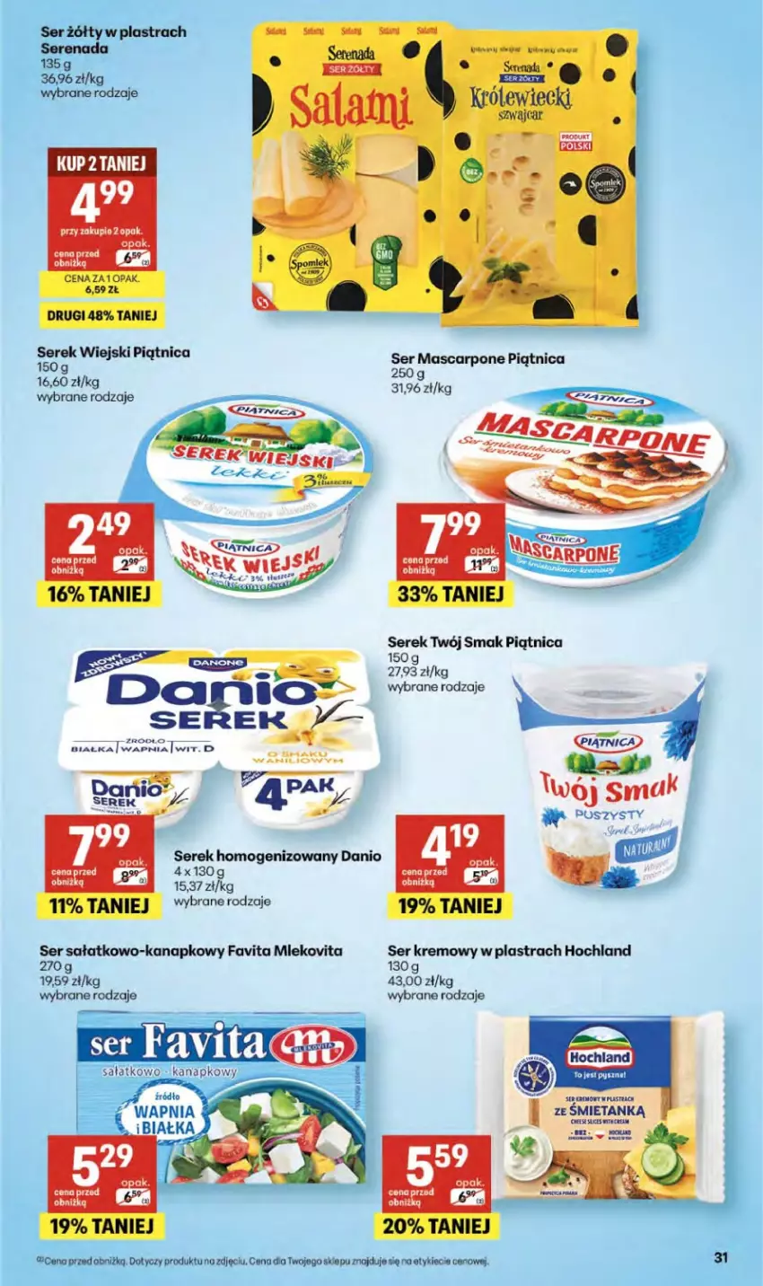 Gazetka promocyjna Delikatesy Centrum - Franczyza DC19 Czwartek - ważna 07.05 do 13.05.2026 - strona 31 - produkty: Danio, Fa, Favita, Hochland, Mascarpone, Mleko, Mlekovita, Piątnica, Sałat, Ser, Ser sałatkowo-kanapkowy, Serek, Serek homogenizowany, Serek wiejski, Twój Smak