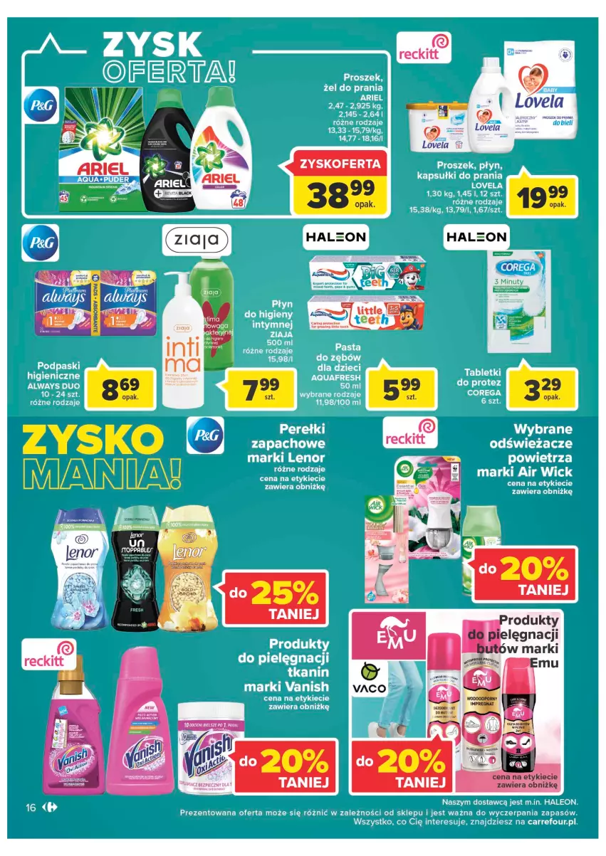 Gazetka promocyjna Carrefour - Gazetka Market Zyskoteka - ważna 11.10 do 15.10.2022 - strona 16 - produkty: Air Wick, Always, Aquafresh, Corega, Dzieci, Kapsułki do prania, Lenor, Leon, LG, Płyn do higieny intymnej, Podpaski, Vanish, Ziaja