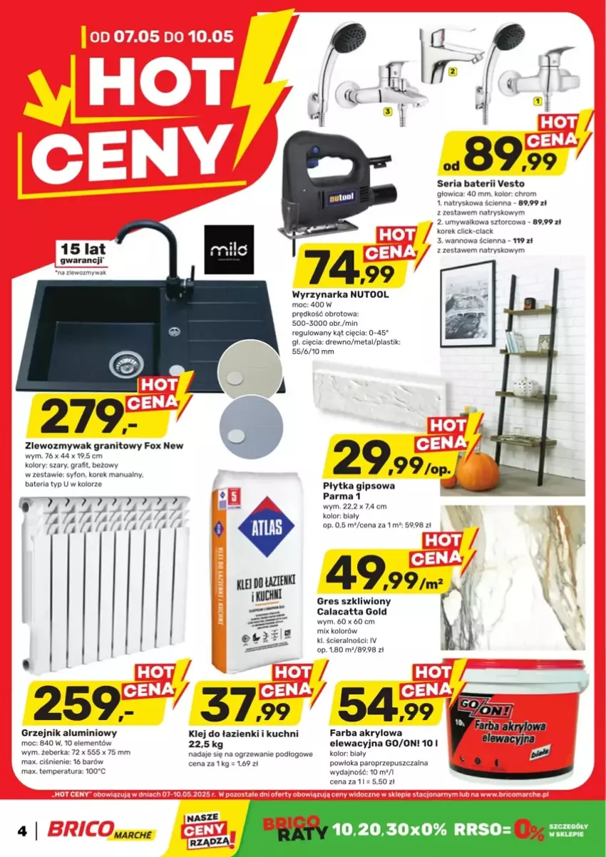 Gazetka promocyjna Bricomarche - ważna 07.05 do 10.05.2025 - strona 1 - produkty: Fa, Farba akrylowa, Gra, Gres, Gres szkliwiony, Grzejnik, Klej, Lack, Płytka, Ser, Syfon, Wyrzynarka, Zlew, Zlewozmywak