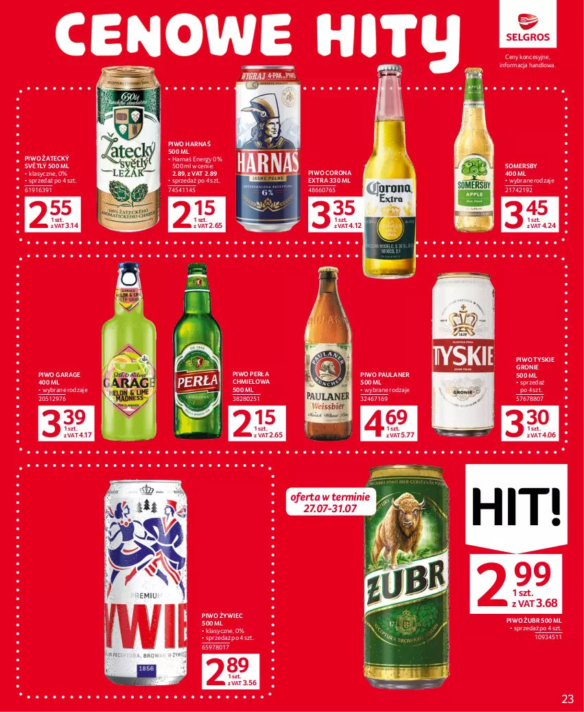 Gazetka promocyjna Selgros - Oferta spożywcza - ważna 27.07 do 09.08.2023 - strona 23 - produkty: Corona Extra, Harnaś, Perła, Piwo, Somersby, Tyskie