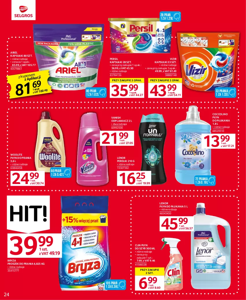 Gazetka promocyjna Selgros - Oferta spożywcza - ważna 27.07 do 09.08.2023 - strona 24 - produkty: Ariel, Bryza, Clin, Coccolino, Lenor, Odplamiacz, Persil, Płyn do płukania, Płyn do prania, Płyn do szyb, Proszek do prania, Vanish, Vizir, Woolite