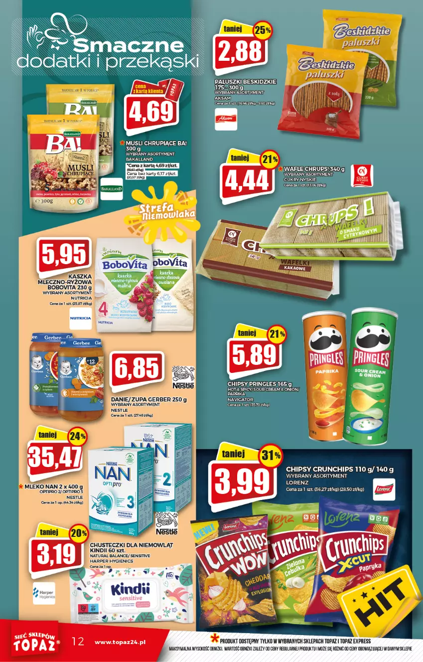 Gazetka promocyjna Topaz - Gazetka - ważna 24.02 do 02.03.2022 - strona 12 - produkty: Aksam, Bakalland, BoboVita, Chipsy, Chusteczki, Crunchips, Gerber, Kakao, Kindii, Lorenz, Mleko, Ryż, Sok, Top, Zupa