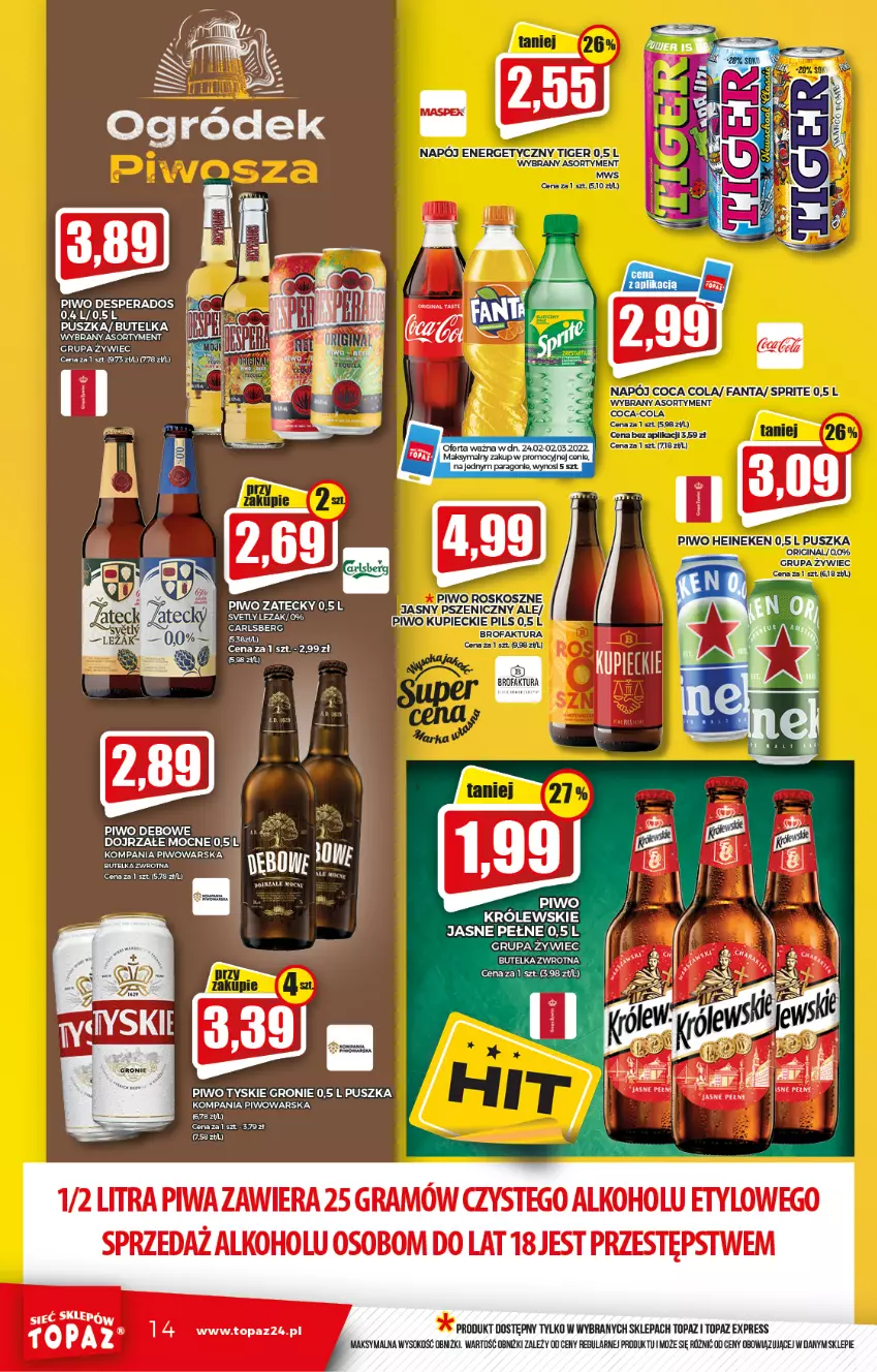 Gazetka promocyjna Topaz - Gazetka - ważna 24.02 do 02.03.2022 - strona 14 - produkty: Carlsberg, Desperados, Fa, Fanta, Gra, Królewski, Napój, Piwa, Piwo, Sok, Sprite, Top, Tyskie