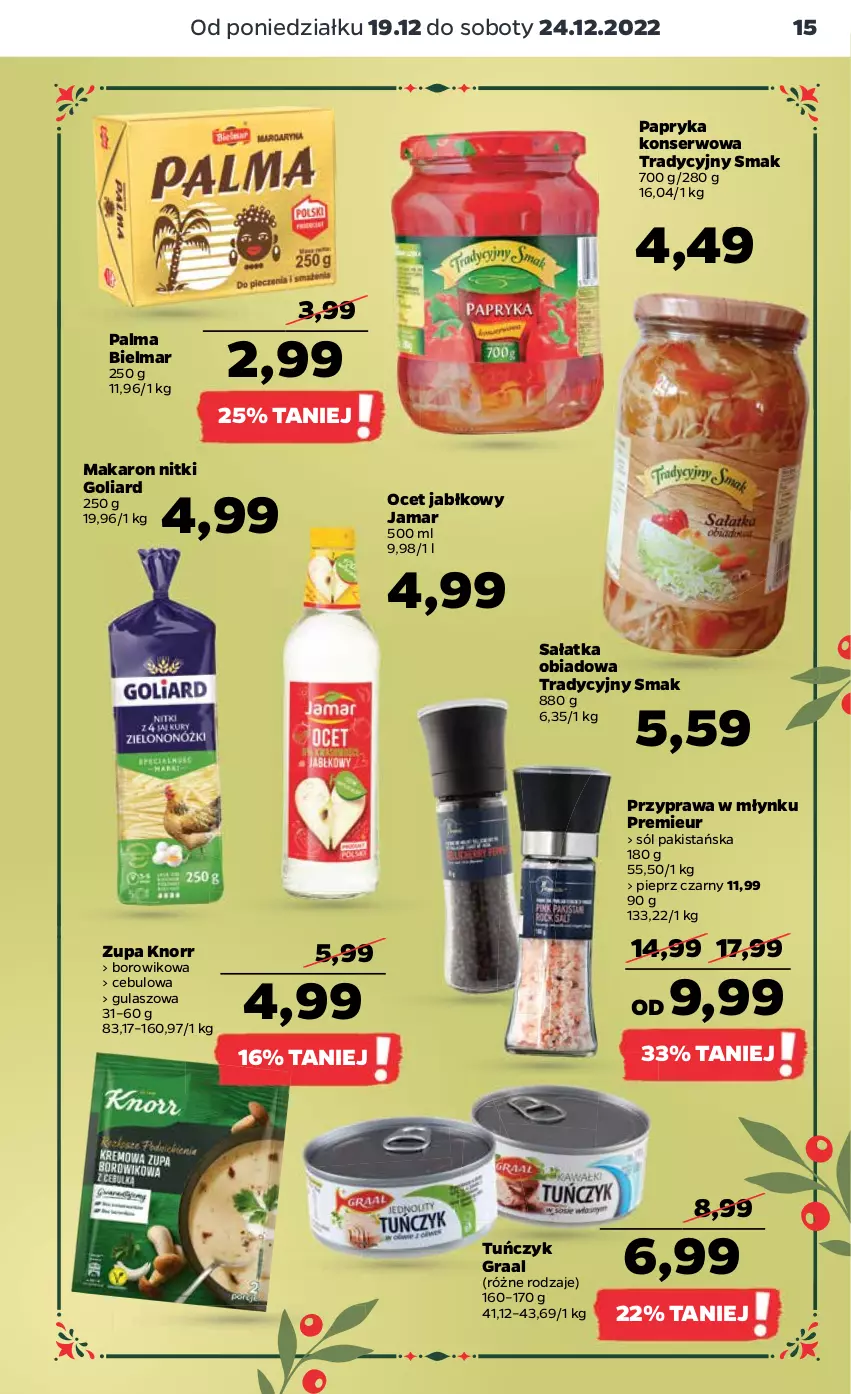 Gazetka promocyjna Netto - Artykuły spożywcze - ważna 19.12 do 24.12.2022 - strona 15 - produkty: Goliard, Gra, Graal, Knorr, Makaron, Ocet, Palma, Papryka, Pieprz, Sałat, Sałatka, Ser, Sól, Tuńczyk, Wiko, Zupa