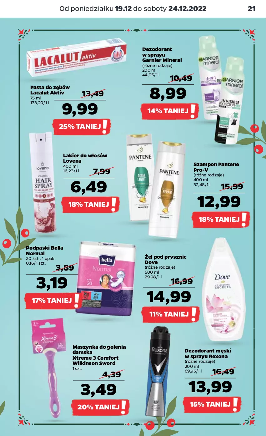 Gazetka promocyjna Netto - Artykuły spożywcze - ważna 19.12 do 24.12.2022 - strona 21 - produkty: Bell, Bella, Dezodorant, Dove, Garnier, Lacalut, Lakier, Lakier do włosów, Maszynka, Maszynka do golenia, Pantene, Pasta do zębów, Podpaski, Rexona, Szampon, Szynka, Wilkinson Sword