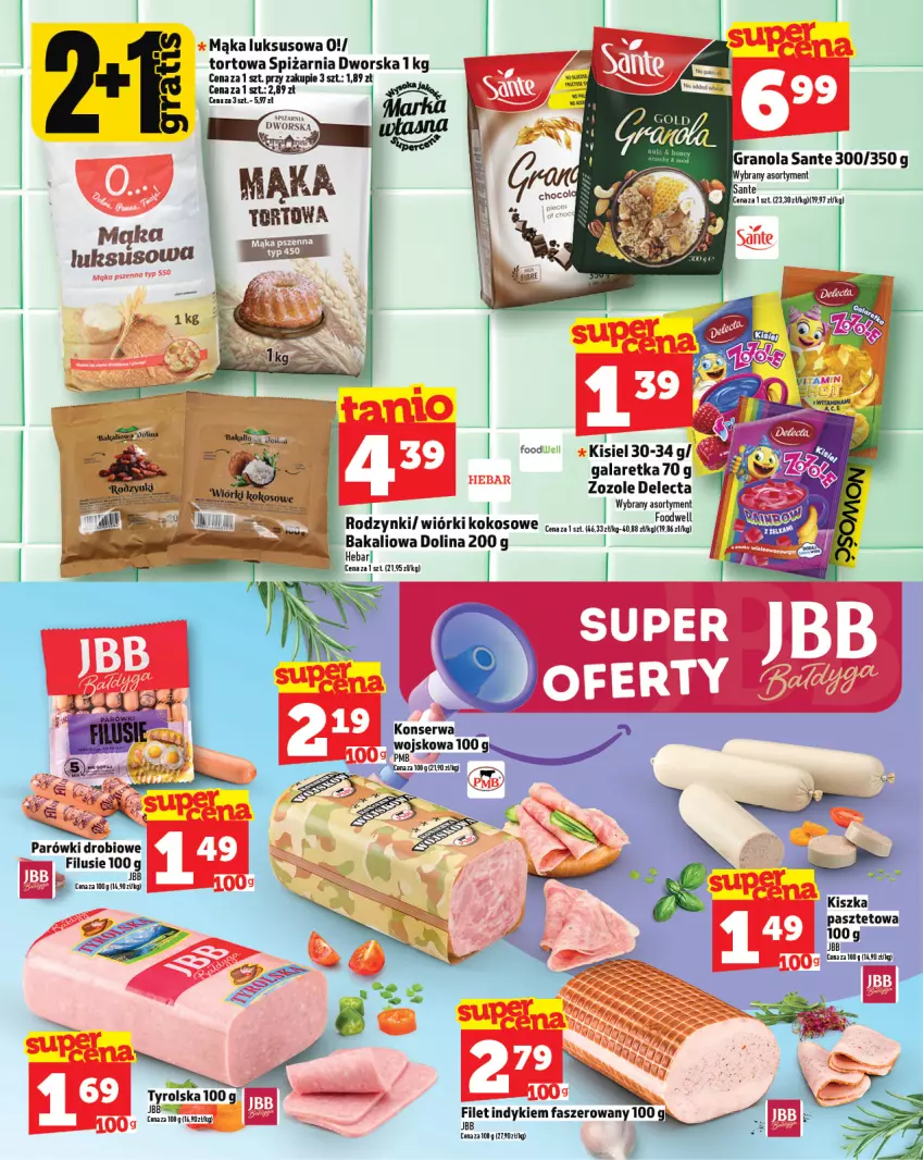 Gazetka promocyjna Topaz - Gazetka - ważna 24.07 do 30.07.2025 - strona 16 - produkty: Delecta, Fa, Gala, Galaretka, Kisiel, Kokos, Mąka, Mąka luksusowa, Parówki, Pasztet, Rodzynki, Sante, Ser, Wiórki kokosowe