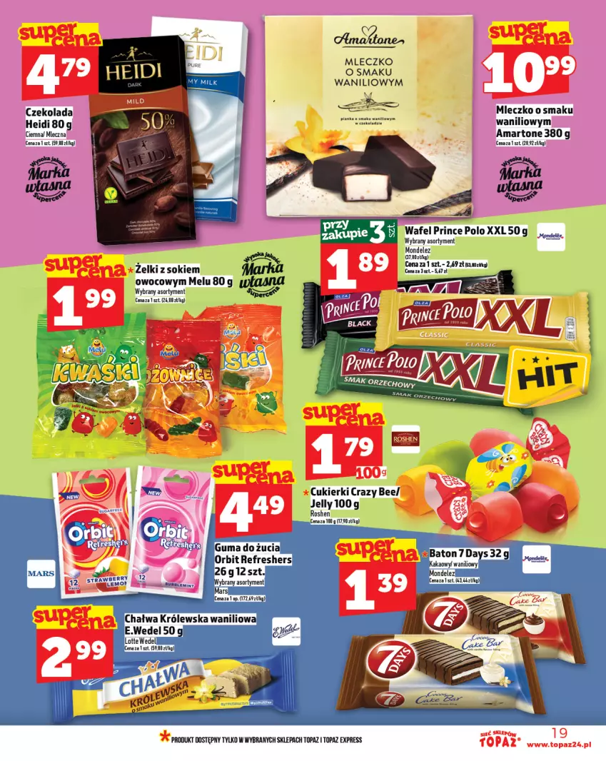 Gazetka promocyjna Topaz - Gazetka - ważna 24.07 do 30.07.2025 - strona 19 - produkty: 7 Days, Baton, Cukier, Cukierki, Czekolada, Mleczko, Prince Polo, Sok, Top