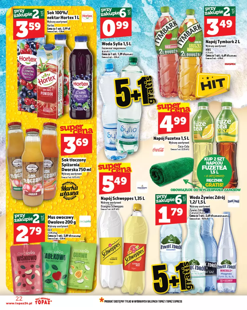 Gazetka promocyjna Topaz - Gazetka - ważna 24.07 do 30.07.2025 - strona 22 - produkty: Coca-Cola, Gin, Hortex, Mus, Napój, Nektar, Schweppes, Sok, Top, Tymbark, Woda