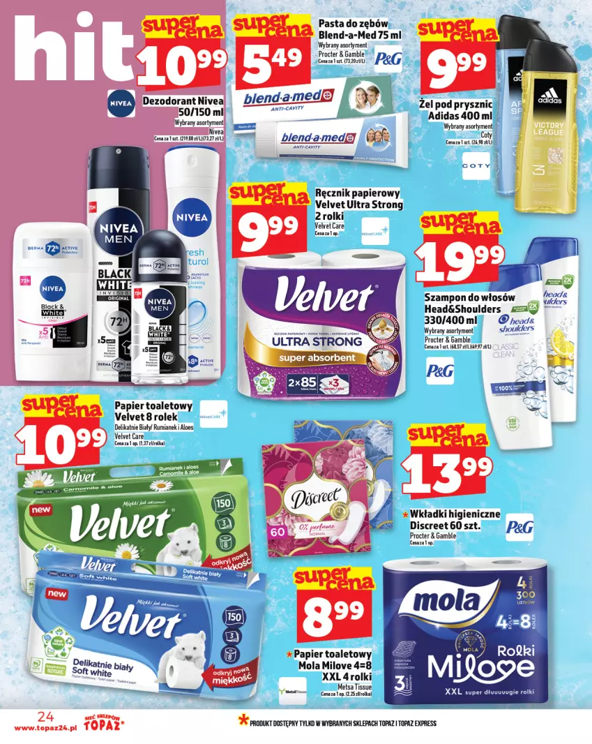 Gazetka promocyjna Topaz - Gazetka - ważna 24.07 do 30.07.2025 - strona 24 - produkty: Adidas, Blend-a-Med, Discreet, Mola, Nivea, Papier, Papier toaletowy, Pasta do zębów, Ręcznik, Rolki, Rum, Szampon, Top, Velvet, Wkładki